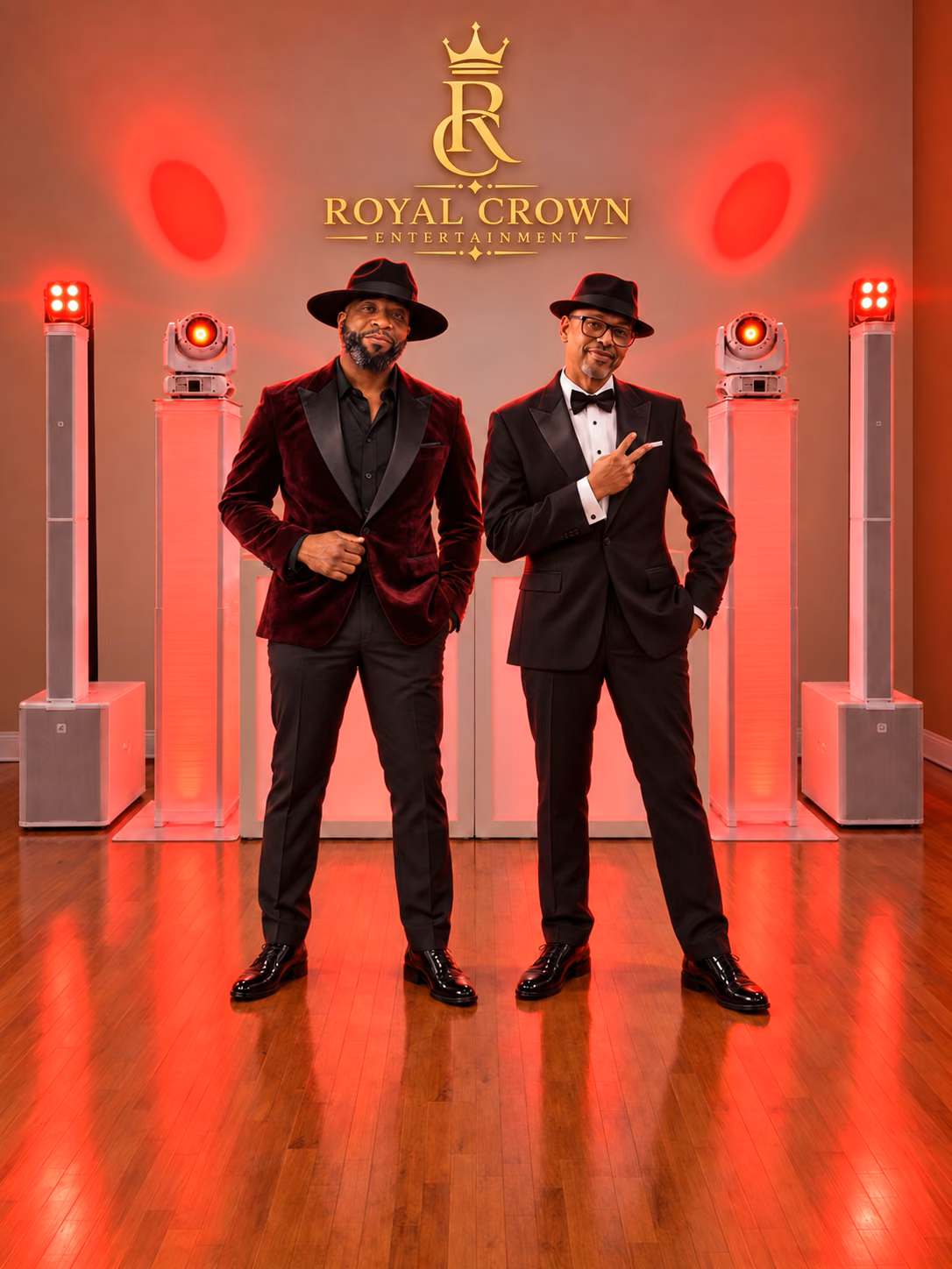 DJ Grizzly and DJ EV in front of the Royal Crown booth and lighting